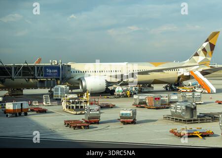 Etihad Airways Boeing 787 Dreamliner parked at an airport gate with baggage cargo being loaded. Kuala Lumpur Stock Photo