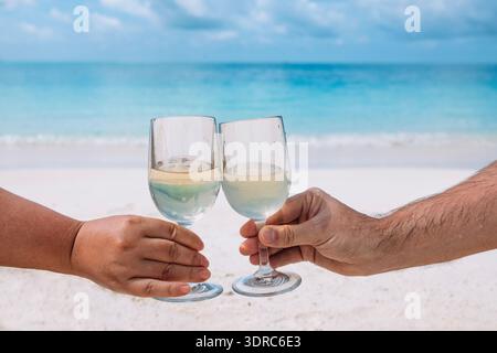 Close-up of a male and a female hands holding two glasses with white wine. Delicious chilled drinks on the background of the oce Stock Photo