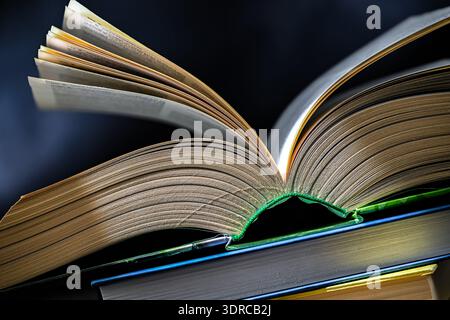 An open book lying on a stack of other books. Stock Photo