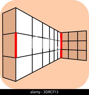 Ponzo illusion. Vector graphic optical illusion. The red line on the left of the wall looks much smaller than the other red line, but they are the sam Stock Vector