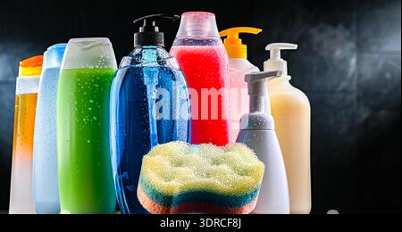 Plastic containers with different body care products Stock Photo