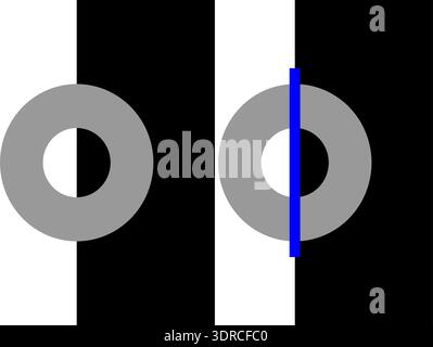 Kofka ring illusion. Vector graphic optical illusion. Both rings are identical, but the blue line on the right image makes the ring look two tone gray Stock Vector