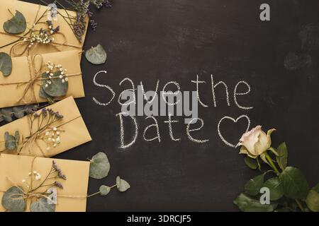 Creative Collage Showing Save the Date Announcement With Floral Elements on a Dark Background Stock Photo