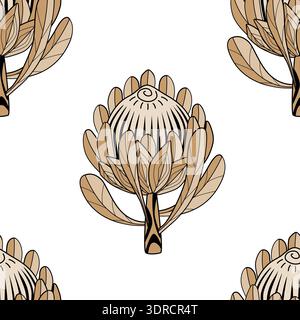 Hand drawn Protea flower graphic seamless pattern. Protea line drawing tribal style background. Vector illustration. Stock Vector