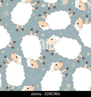 Cute sheep in the night sky seamless pattern. White lambs, constellations, planets, and stars nursery background. Design for prints, fabric, textile Stock Vector