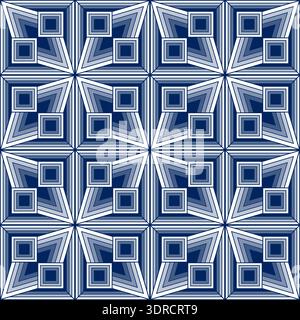 Blue white geometric polygonal seamless pattern. Complicated texture background. Interlaced illusion stars ornament. Patchwork square blocks. Monochro Stock Vector
