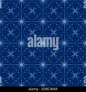 Abstract geometric polygonal seamless pattern. Blue gradient tiles on dark blue background. Magical illusion stars ornament. Mosaic square tile. Monoc Stock Vector