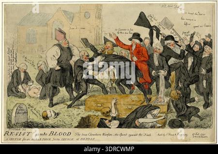 This 1791 print by Isaac Cruikshank depicts a violent altercation between two clergymen in Hendon churchyard during a burial. One parson strikes the other with a book while standing on a coffin, with a gravedigger observing. A crowd of mourners, including a woman fallen into the grave, reacts, while an undertaker and another man intervene. A bishop stands behind one combatant. The etching illustrates early 18th-century British churchyard incidents, social interactions, funeral customs, and satirical commentary on clergy behavior. Stock Photo