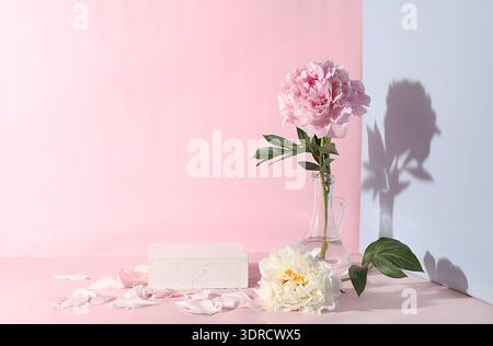Abstract background with an empty podium and peony flowers .Minimal floral arrangement,an empty showcase for the demonstration o Stock Photo