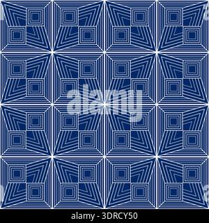 Blue white geometric polygonal seamless pattern. Complicated linear texture background. Interlaced illusion stars ornament. Patchwork square blocks. M Stock Vector