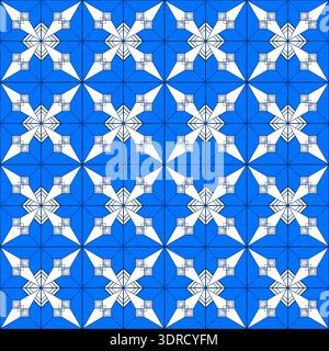 Blue white geometric polygonal seamless pattern. Complicated texture background. Mosaic tile ornament. Diamond grid square tile. Monochrome blue desig Stock Vector