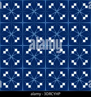 Geometric polygonal seamless pattern. Complicated texture background. Rhombus and squares blocks ornament. Diamond grid square tile. Classic blue, whi Stock Vector
