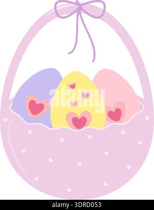 Bucket with Easter Eggs inside and Tied ribbon bow on handle Minimalist flat design in trendy pallet. Isolated Vector illustration Easter Holiday Thematic Card Party Invite Banner, leaflet, media post Stock Vector