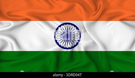 Realistic flag of India waving in the wind. Close up of flag of India with fabric texture Stock Photo