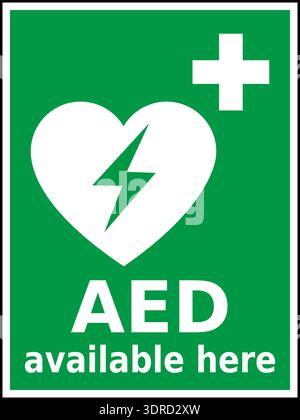 Green and white vector graphic of a CPR/AED indicating a defibrillator device located close by Stock Vector