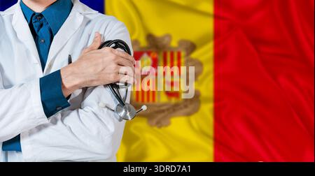 Doctor with stethoscope on Andorra flag. Doctor holding stethoscope on Andorra flag Stock Photo