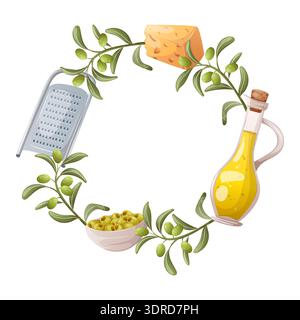 Olive wreath with cheese, oil and grater Stock Vector