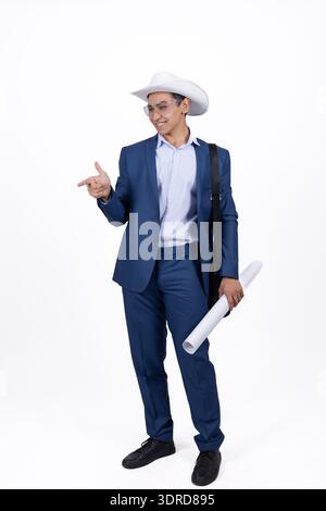 Architect holding a white hard hat and blue folder Stock Photo