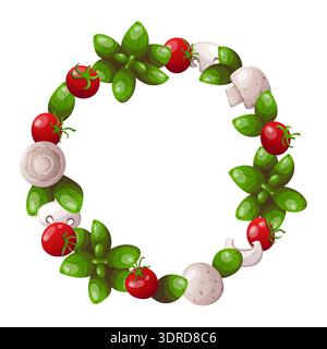 Tomato mushroom and basil wreath Stock Vector