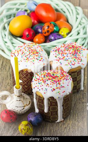 Easter arrangement Easter cakes and painted eggs in a rustic style Stock Photo