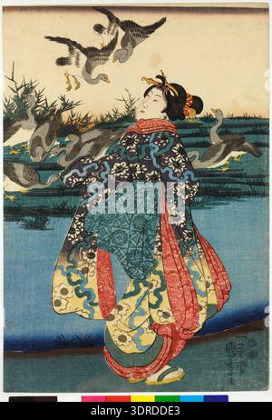 This woodblock triptych print, dated between 1847 and 1852 in the oban tate-e format, shows three women wearing varied robes: striped, floral, and patterned, with the central figure holding a child. Geese fly above and land in the background, possibly connected to the 'rakugan' theme. The composition highlights Edo-period clothing, seasonal imagery, spatial arrangement, and traditional woodblock detailing. Hand-colouring emphasizes texture, patterns, and clothing, reflecting Japanese printmaking craftsmanship and cultural storytelling. Stock Photo