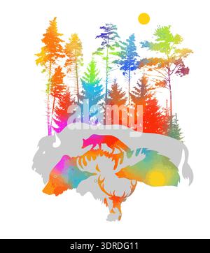 Silhouettes of rainbow animals symbol of the forest. hand drawing. Not AI. Vector illustration Stock Vector
