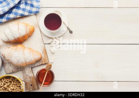 Mosaic of Breakfast Foods and Drinks Arranged on a Wooden Surface During Morning Hours Stock Photo