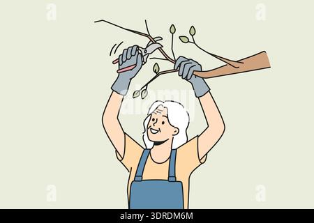 Smiling old woman cutting tree branches Stock Photo