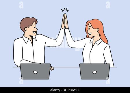 Smiling colleagues give high five working together Stock Photo