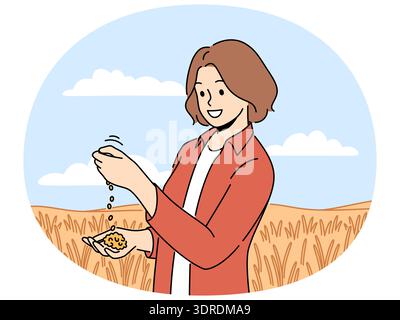Female farmer inspect crops in field Stock Photo