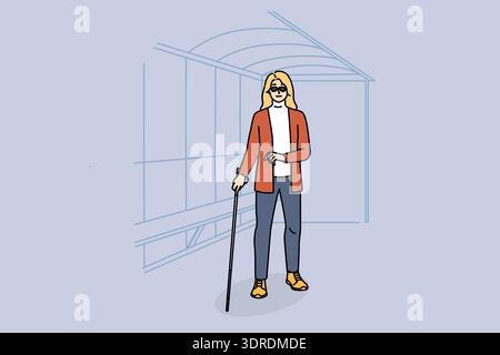Blind woman with cane wait on bus stop Stock Photo