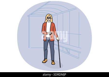 Blind woman with cane wait on bus stop Stock Photo