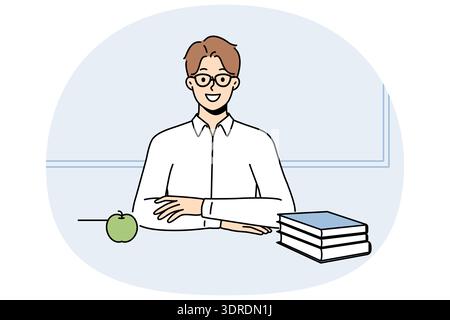 Male student sit on desk with books Stock Photo