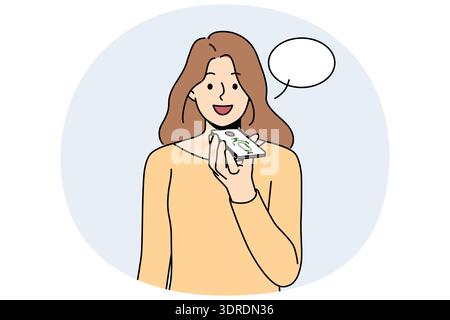 Smiling woman record voice message on phone Stock Photo