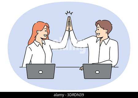 Smiling colleagues give high five working together Stock Photo