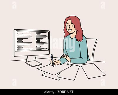 Smiling girl work on PC taking notes Stock Photo