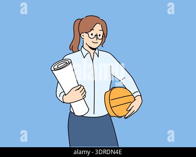 Smiling female architect with blueprints and helmet Stock Photo
