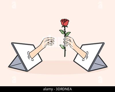 Hand with rose in tablet is metaphor for online relationships and dating using digital gadgets Stock Photo