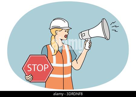 Female builder with megaphone and stop sign Stock Photo
