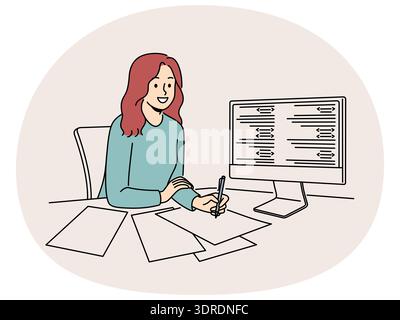 Smiling girl work on PC taking notes Stock Photo