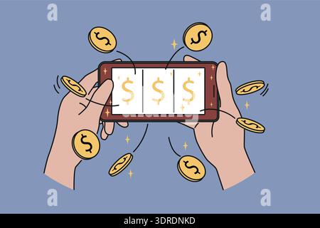 Phone with online casino in hands man, winning jackpot and cash prize on website with slot machine Stock Photo