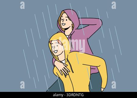 Happy couple walks in rain enjoying downpour after long drought and not wanting to go home Stock Photo