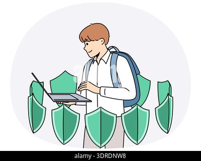 Boy with laptop is learning cyber protect and installing antivirus and standing among green shields Stock Photo