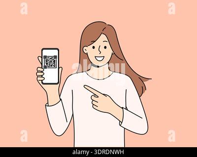 Woman holds phone demonstrating QR code for exchanging contacts or confirming online money transfer. Stock Photo