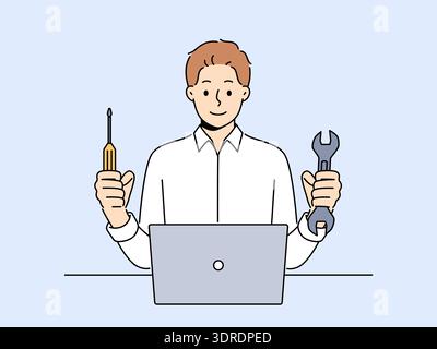 Man repairs laptop after breakdown and holds screwdriver and wrench, working as system administrator Stock Photo