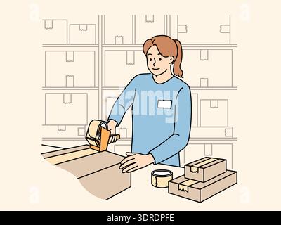Woman works in warehouse packing parcels and sealing boxes while performing duties as storekeeper Stock Photo