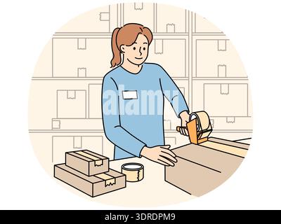 Woman works in warehouse packing parcels and sealing boxes while performing duties as storekeeper Stock Photo