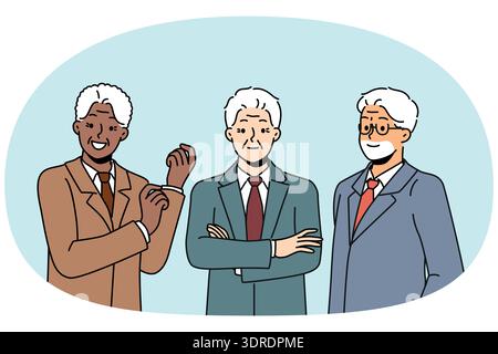 Multiethnic senior businesspeople in formal wear smiling and looking confidently at screen Stock Photo