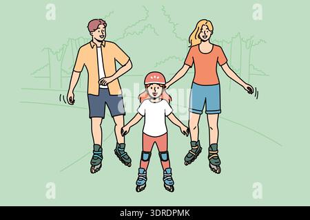 Happy family roller skating in park enjoying joint activity on nature in warm summer weather Stock Photo