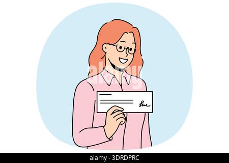 Woman with paycheck in hand smiles demonstrating financial document confirming receipt of salary Stock Photo